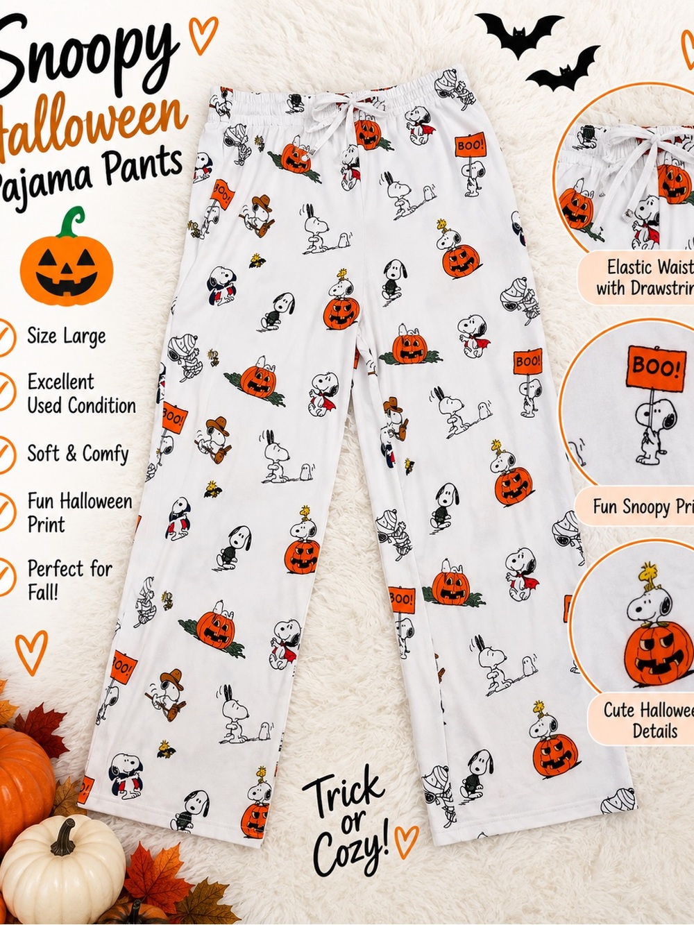 Peanuts Snoopy Halloween Pajama Pants - White & Orange